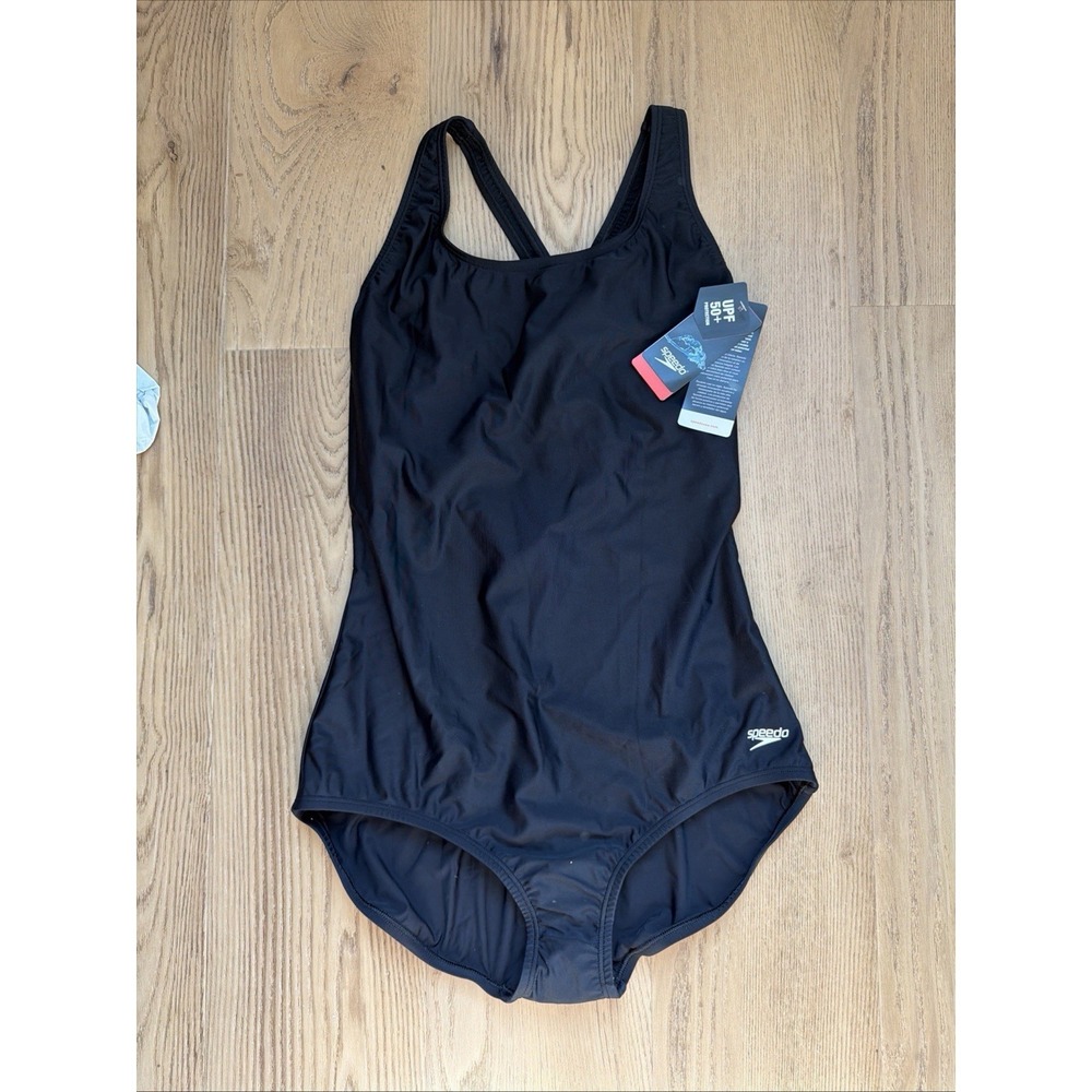 Speedo Women's Swimsuit One Piece PowerFlex Ultraback Black Size 14 New UPF 50+